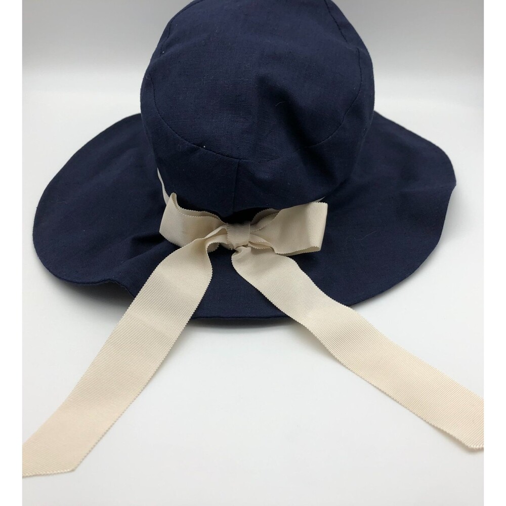 J Peterman Company Sun Hat Womens Blue White Ribbon Floppy Beach Cruise